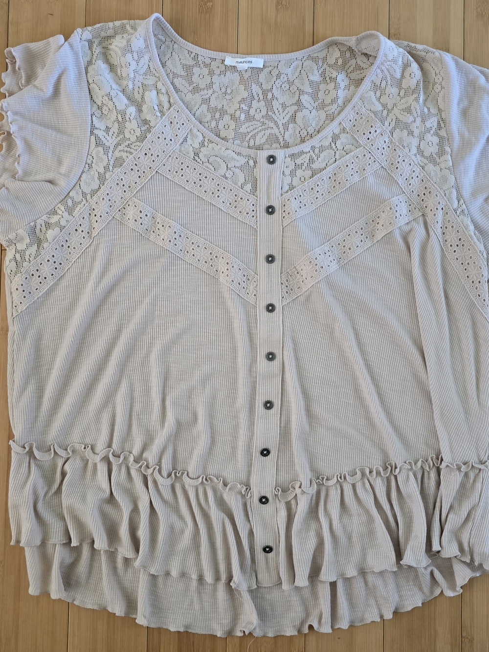 Lane Bryant Lace-Panel Ruffle Button Front Top - Natural Size 2x